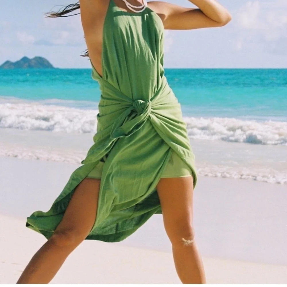 Free People Womens People call Me Green Midi Wrap Dress Size XS Boho Coastal